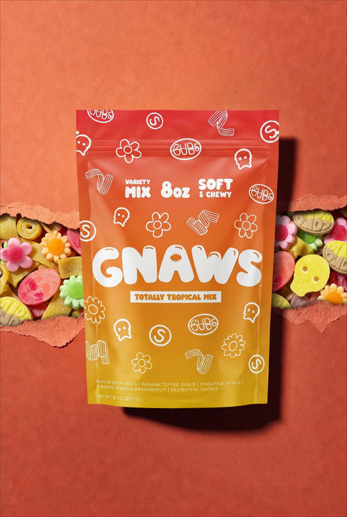 A stand-up pouch of GNAWS Variety Mix 8oz Soft & Chewy gummy treats, featuring a red-to-yellow gradient design with white doodle graphics, set against a terracotta background with torn paper revealing colorful treats inside.
